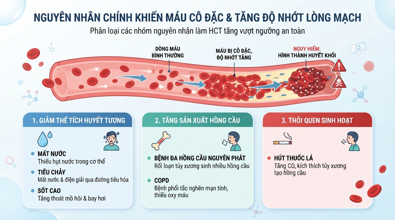 Các yếu tố chính khiến máu bị cô đặc và gia tăng độ nhớt lòng mạch.