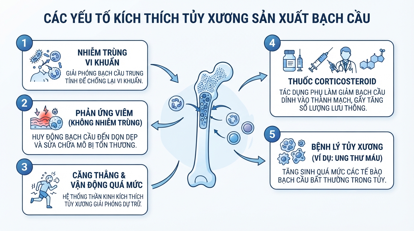Các yếu tố kích thích tủy xương đẩy mạnh sản xuất bạch cầu ứng phó nhiễm trùng.