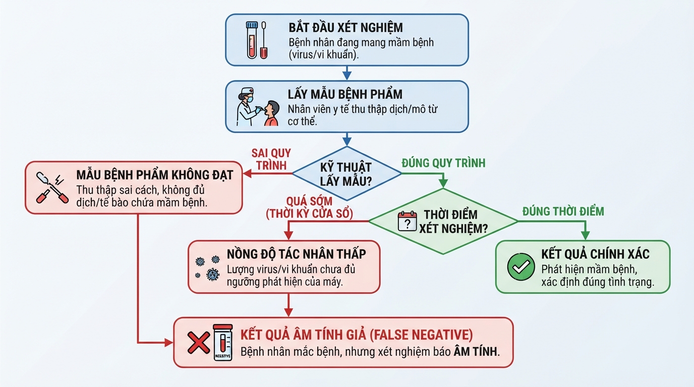 Các yếu tố kỹ thuật và thời điểm lấy mẫu dẫn đến âm tính giả.
