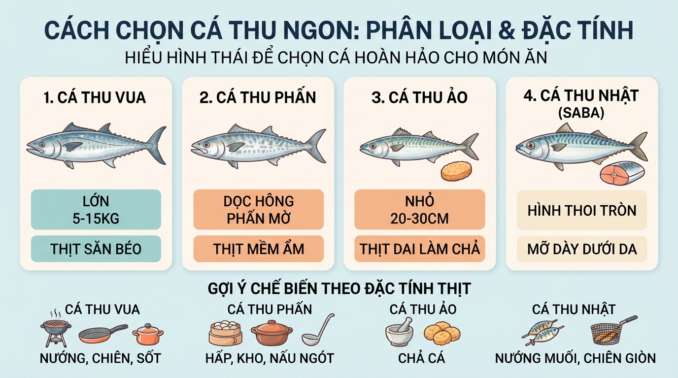 Cách chọn loại cá thu nào ngon nhất thông qua hình thái da lưng và kích thước.