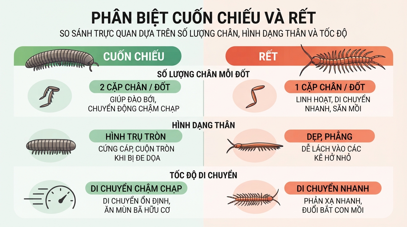 Cách phân biệt cuốn chiếu và rết dựa trên số lượng cặp chân cùng tập tính di chuyển.