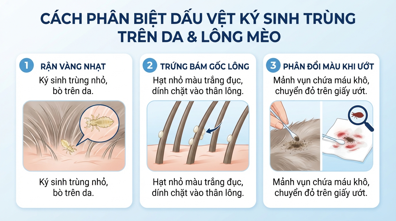 Cách phân biệt dấu vết của ký sinh trùng trên da và lông mèo.