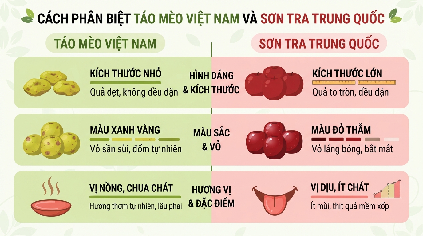 Cách phân biệt táo mèo Việt Nam và sơn tra Trung Quốc qua hình dáng và màu sắc.