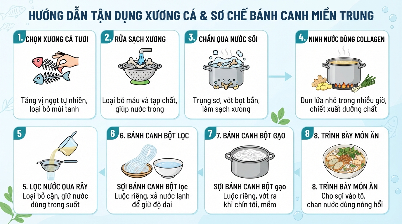 Cách tận dụng xương cá ninh nước dùng và các loại sợi bánh canh phổ biến của người miền Trung.