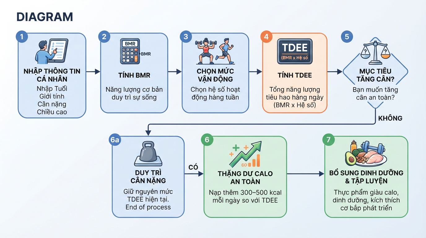Cách tính TDEE và bổ sung thực phẩm giàu calo thặng dư giúp tăng cân an toàn.