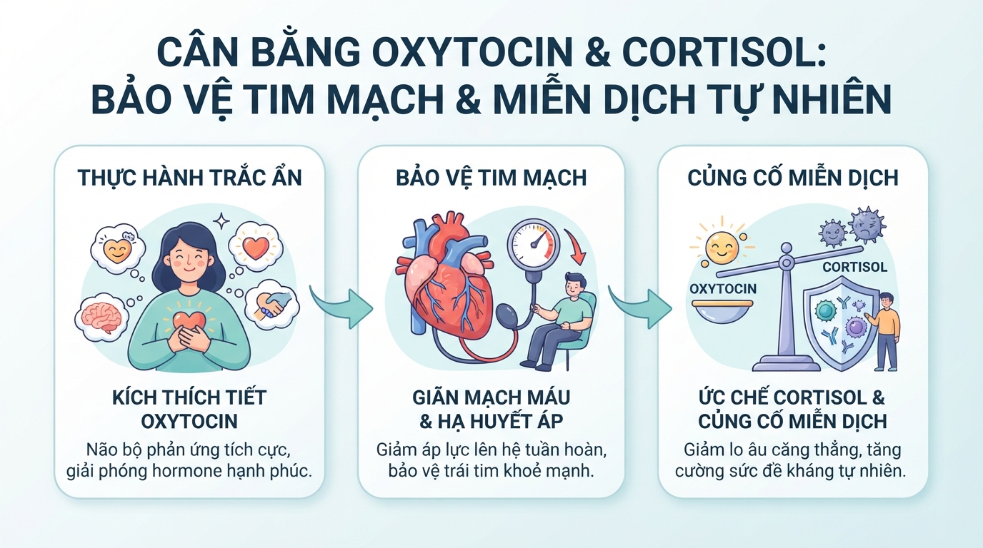 Cân bằng oxytocin và cortisol giúp bảo vệ tim mạch cùng hệ miễn dịch tự nhiên.