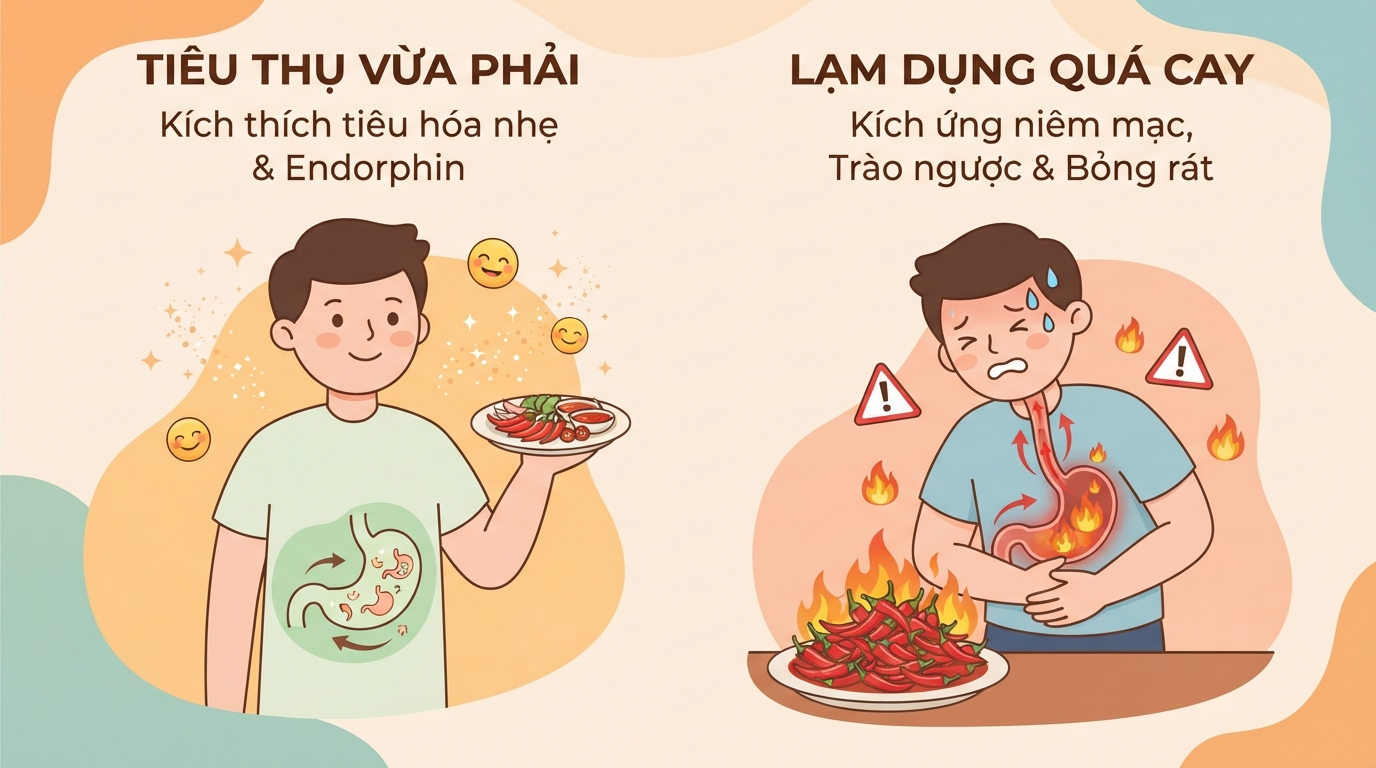 Capsaicin kích thích tiết dịch vị nhưng dễ gây tổn thương dạ dày khi ăn quá cay.