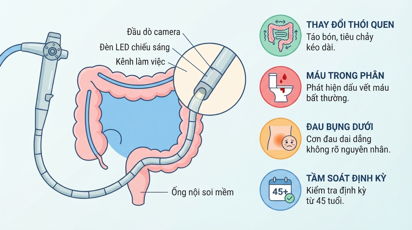 Cấu tạo ống mềm tích hợp camera hiện đại dùng trong nội soi đại tràng tầm soát sớm.