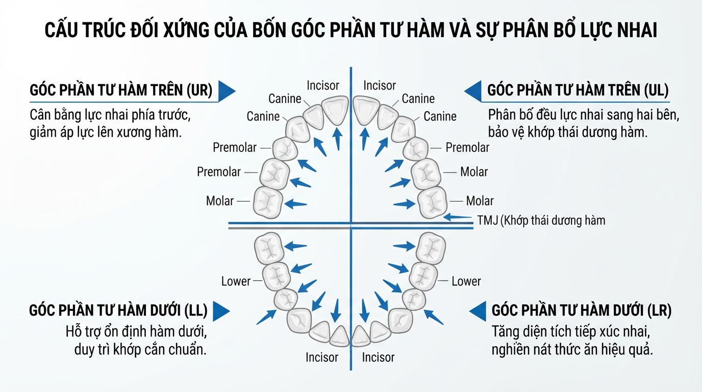 Cấu trúc đối xứng của bốn góc phần tư hàm giúp phân bổ lực nhai và bảo vệ xương hàm.