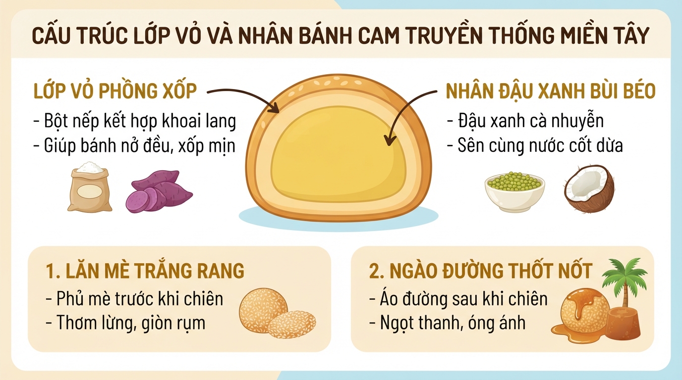 Cấu trúc lớp vỏ và nhân bánh cam truyền thống miền Tây.