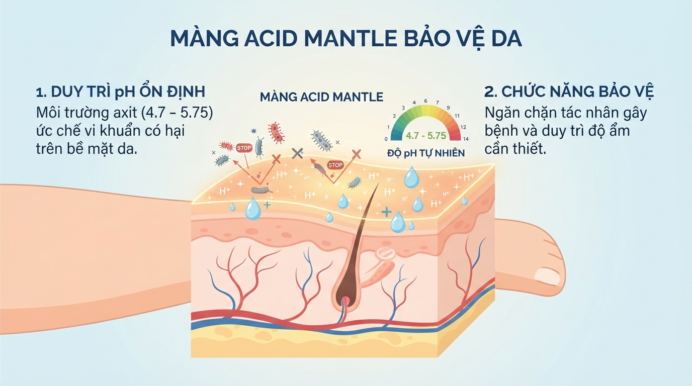 Cấu trúc màng Acid Mantle bảo vệ da khỏi vi khuẩn nhờ duy trì môi trường axit.