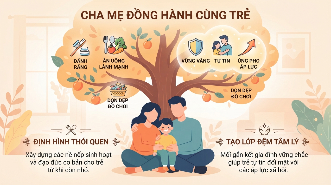Cha mẹ đồng hành giúp trẻ nhỏ xây dựng thói quen tốt và lớp đệm tâm lý.