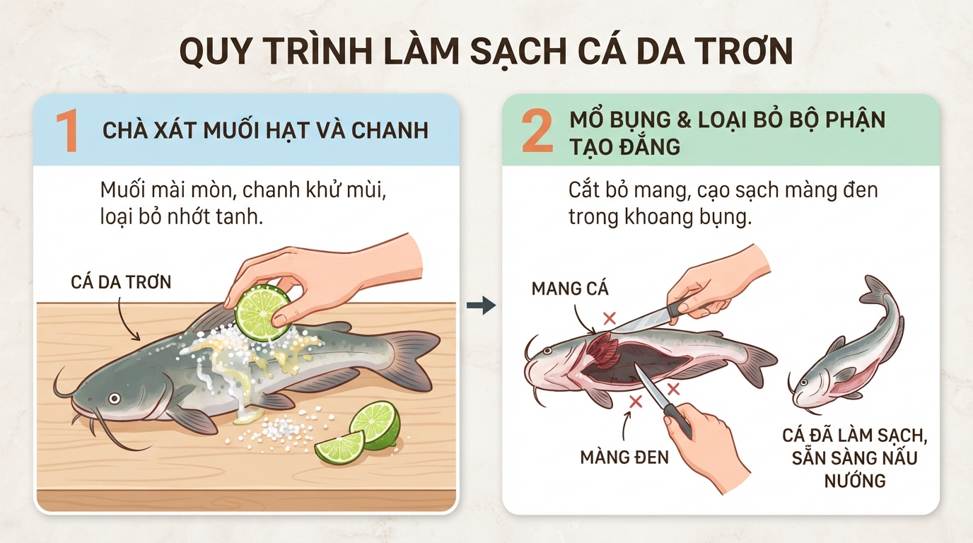 Chà xát muối hạt kết hợp chanh tươi giúp loại bỏ hoàn toàn màng nhầy tanh.