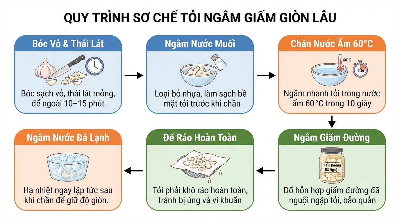 Chần tỏi ngâm giấm qua nước ấm rồi làm lạnh giúp tép tỏi giòn lâu.