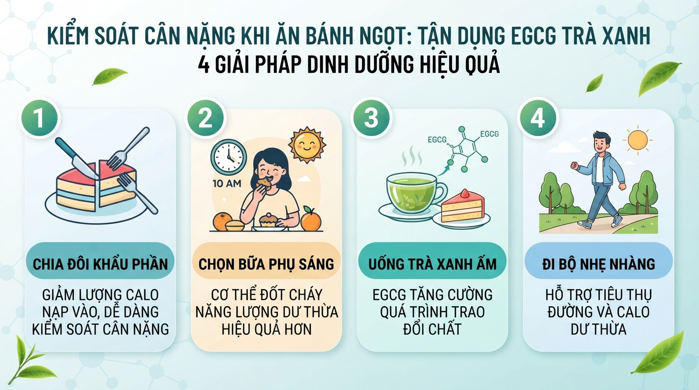 Chất EGCG trong trà xanh giúp tăng cường trao đổi chất khi tiêu thụ bánh ngọt.