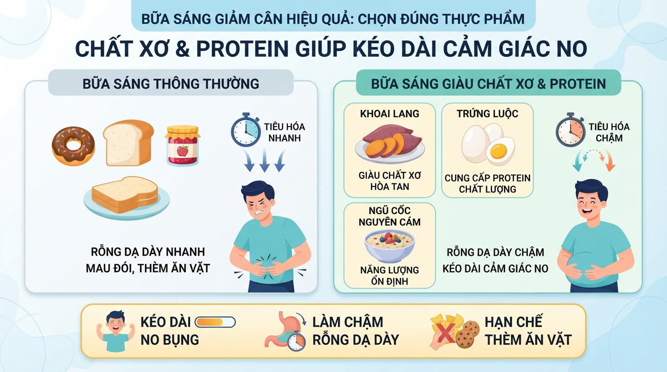 Chất xơ và protein giúp làm chậm quá trình rỗng dạ dày, kéo dài cảm giác no.