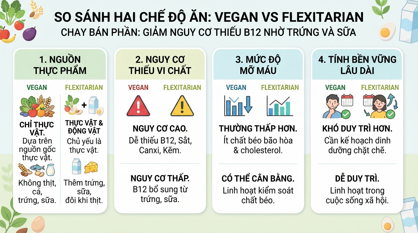 Chế độ chay bán phần giảm nguy cơ thiếu B12 nhờ nguồn trứng và sữa.