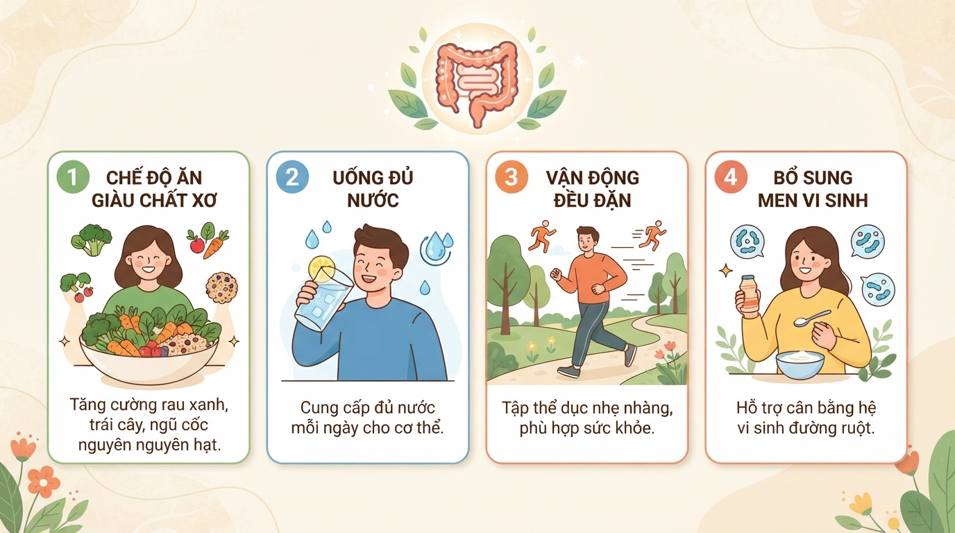 Chế độ dinh dưỡng giàu chất xơ và vận động giúp duy trì hệ tiêu hóa ổn định.