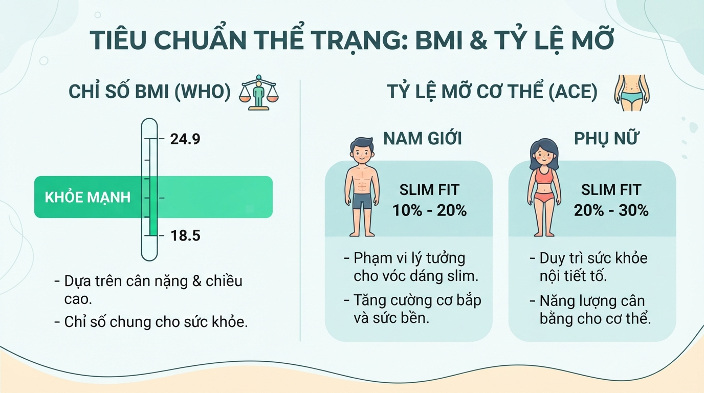 Chỉ số BMI và tỷ lệ mỡ khuyến nghị theo WHO và ACE cho body slim fit.