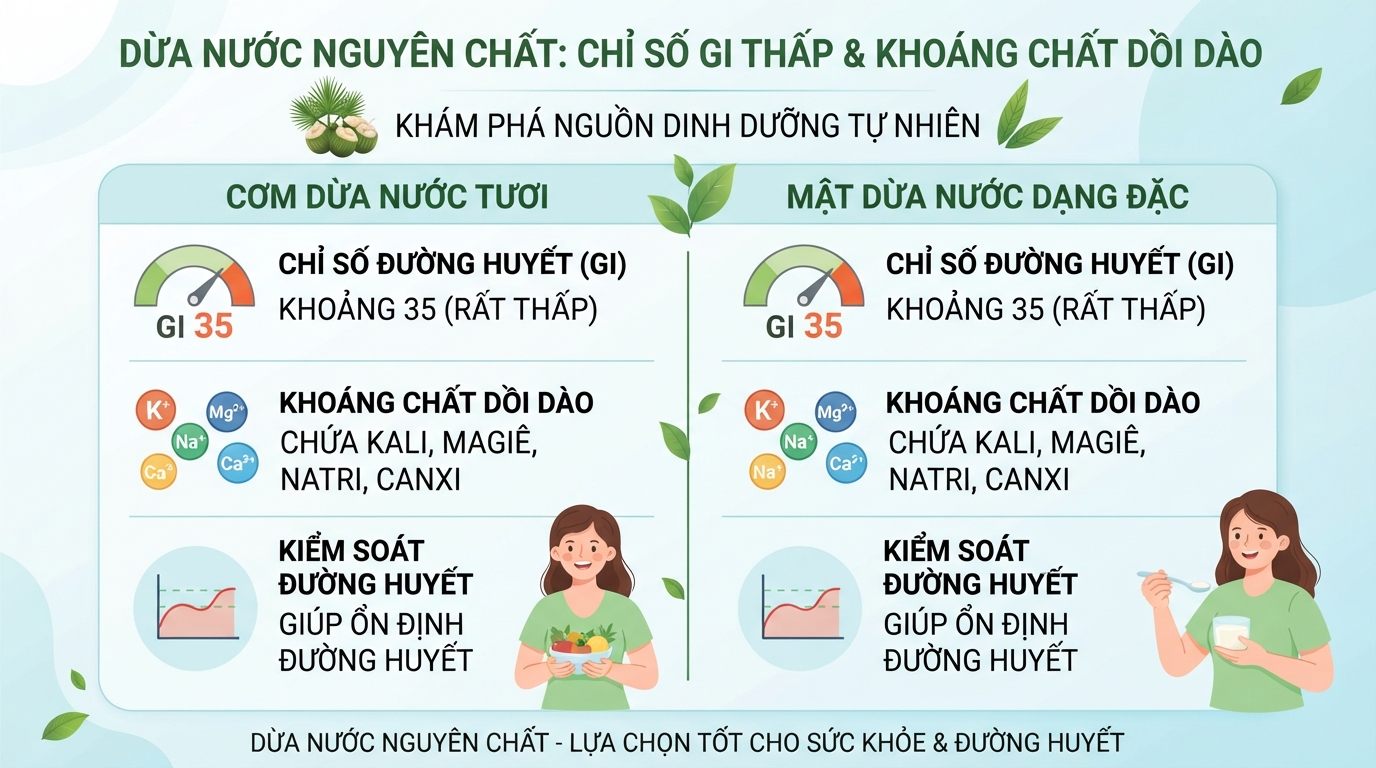 Chỉ số đường huyết GI 35 và hàm lượng khoáng chất trong dừa nước nguyên chất.