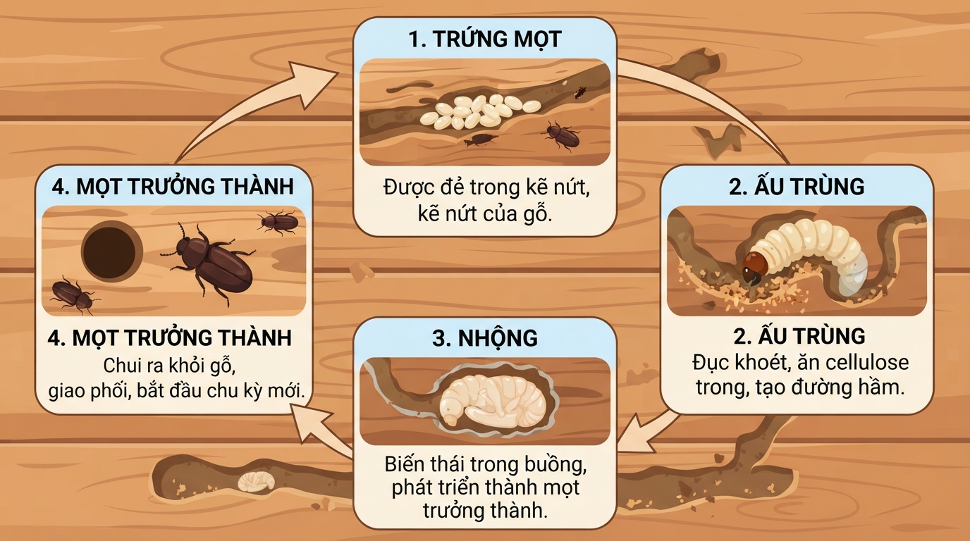 Chu kỳ phát triển của con mọt từ giai đoạn trứng đến ấu trùng phá hoại cấu trúc gỗ.