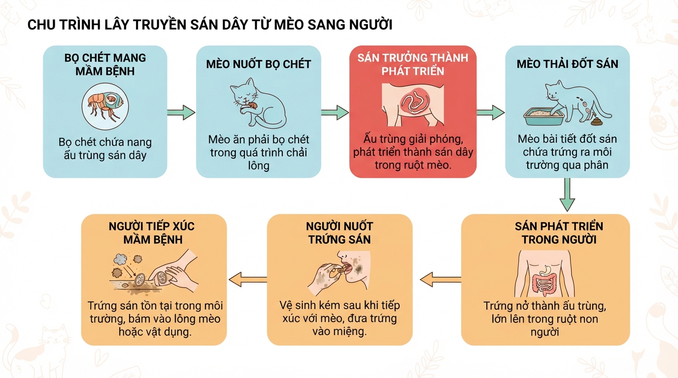 Chu trình lây truyền sán dây gián tiếp từ mèo sang người.