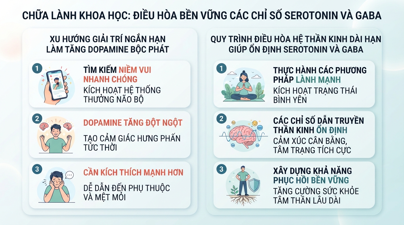 Chữa lành khoa học giúp điều hòa bền vững các chỉ số Serotonin và GABA.