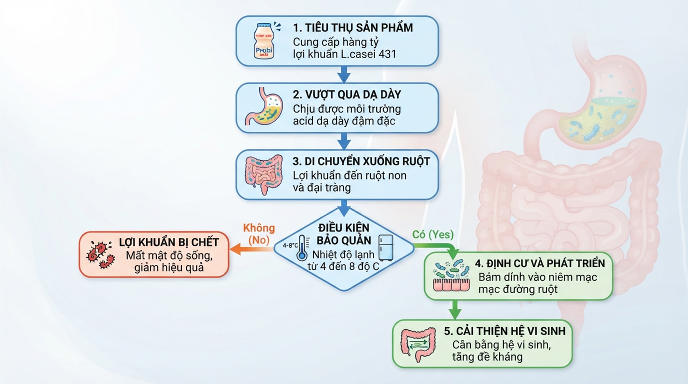 Chủng L.casei 431 trong sữa probi giúp tăng cường lợi khuẩn đường ruột hiệu quả.