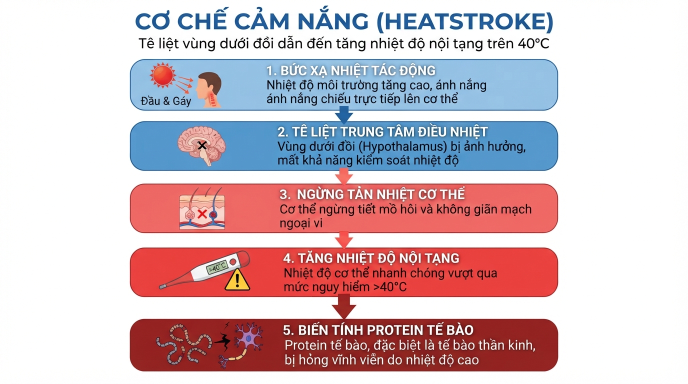 Cơ chế cảm nắng bl do tê liệt vùng dưới đồi khiến nhiệt độ nội tạng tăng trên 40°C.