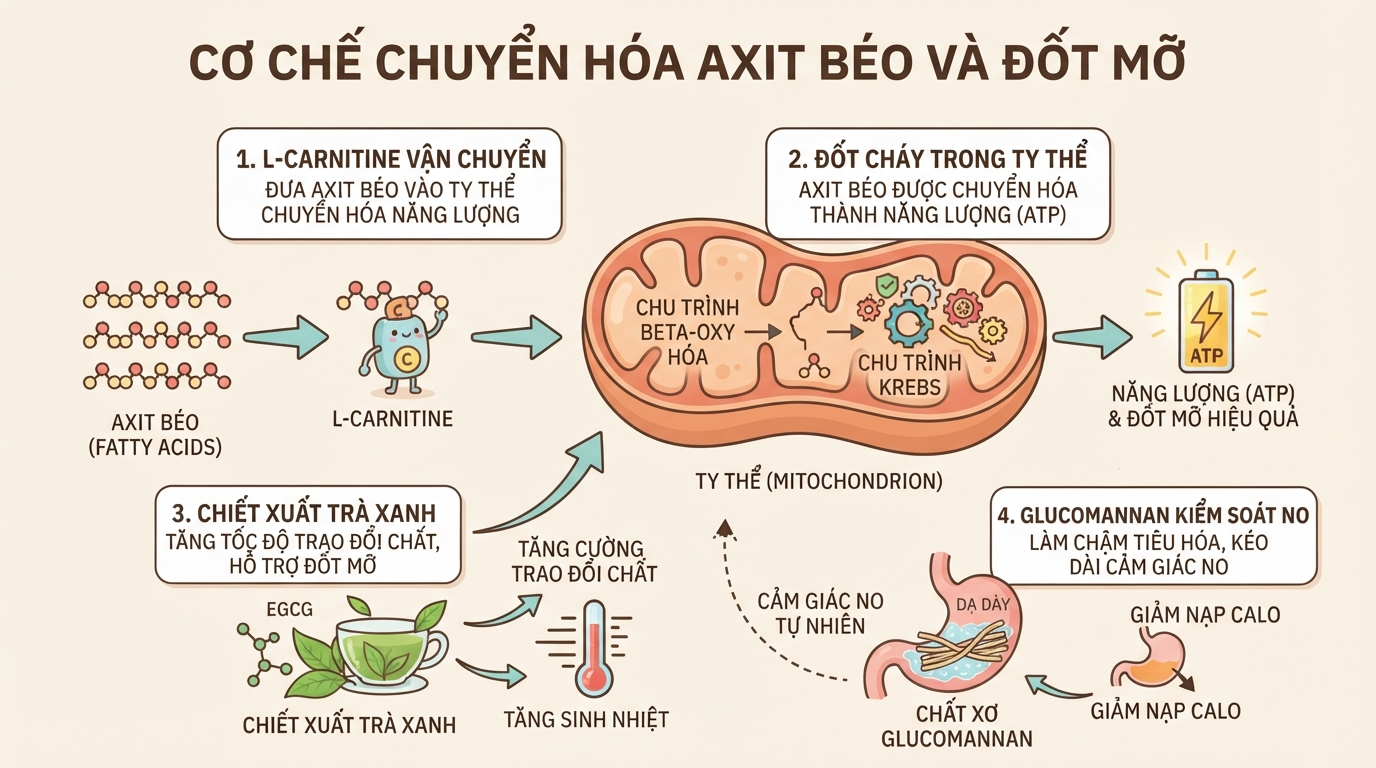 Cơ chế chuyển hóa axit béo và đốt mỡ của L-Carnitine cùng chiết xuất trà xanh.