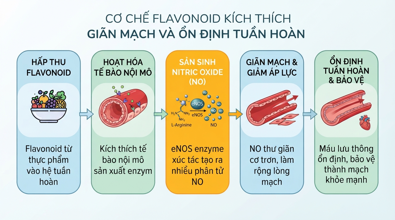 Cơ chế flavonoid kích thích giãn mạch giúp ổn định lưu thông tuần hoàn.
