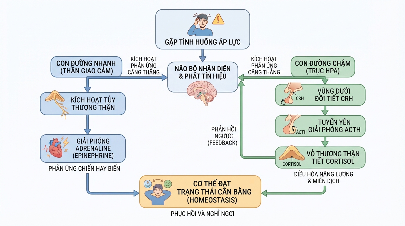 Cơ chế giải phóng cortisol và adrenaline khi xả stress nhằm giúp cơ thể cân bằng sinh học.