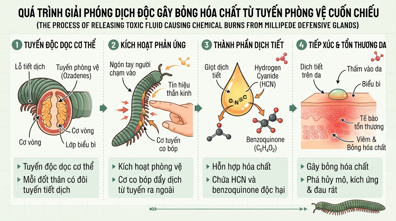 Cơ chế giải phóng dịch chứa hydro xyanua gây bỏng hóa chất từ tuyến độc của cuốn chiếu.