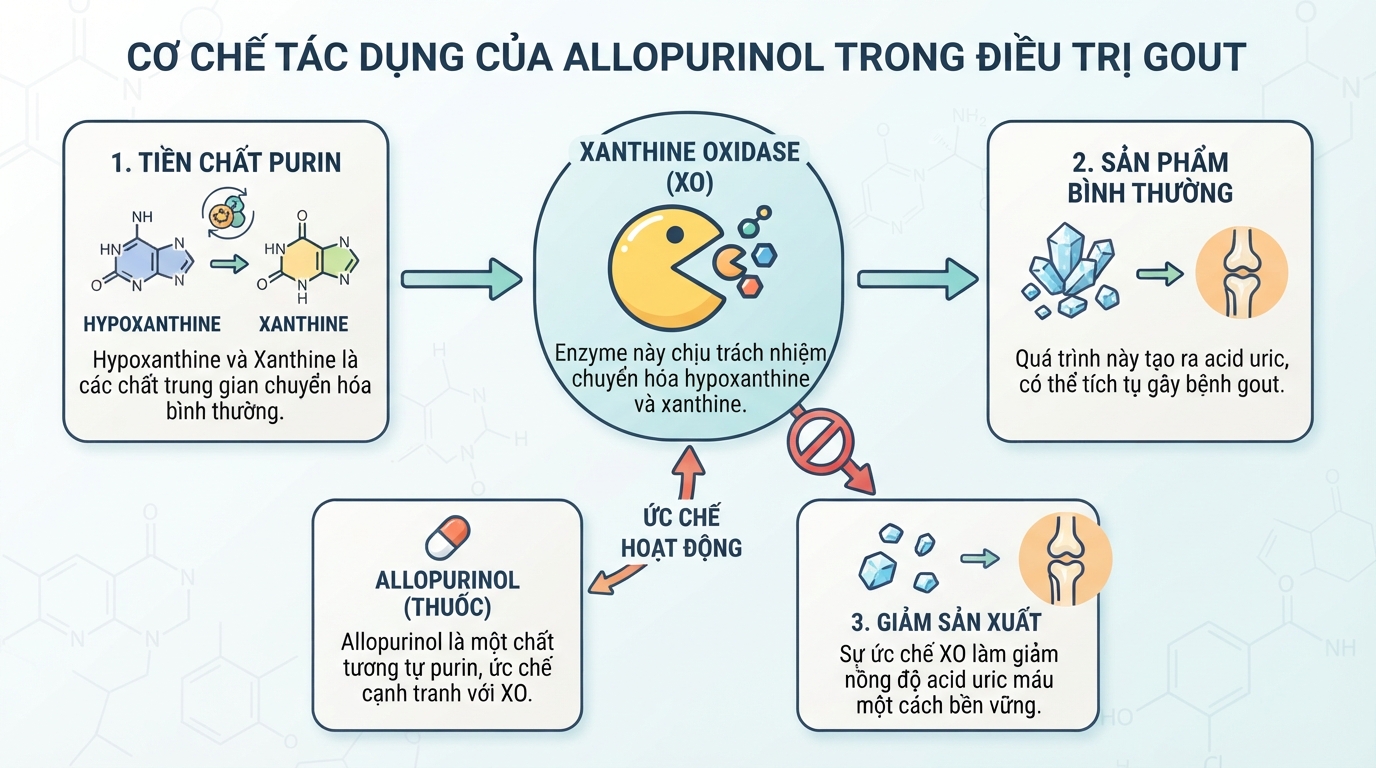 Cơ chế giải thích allopurinol là thuốc gì giúp ức chế enzyme xanthine oxidase giảm acid uric.