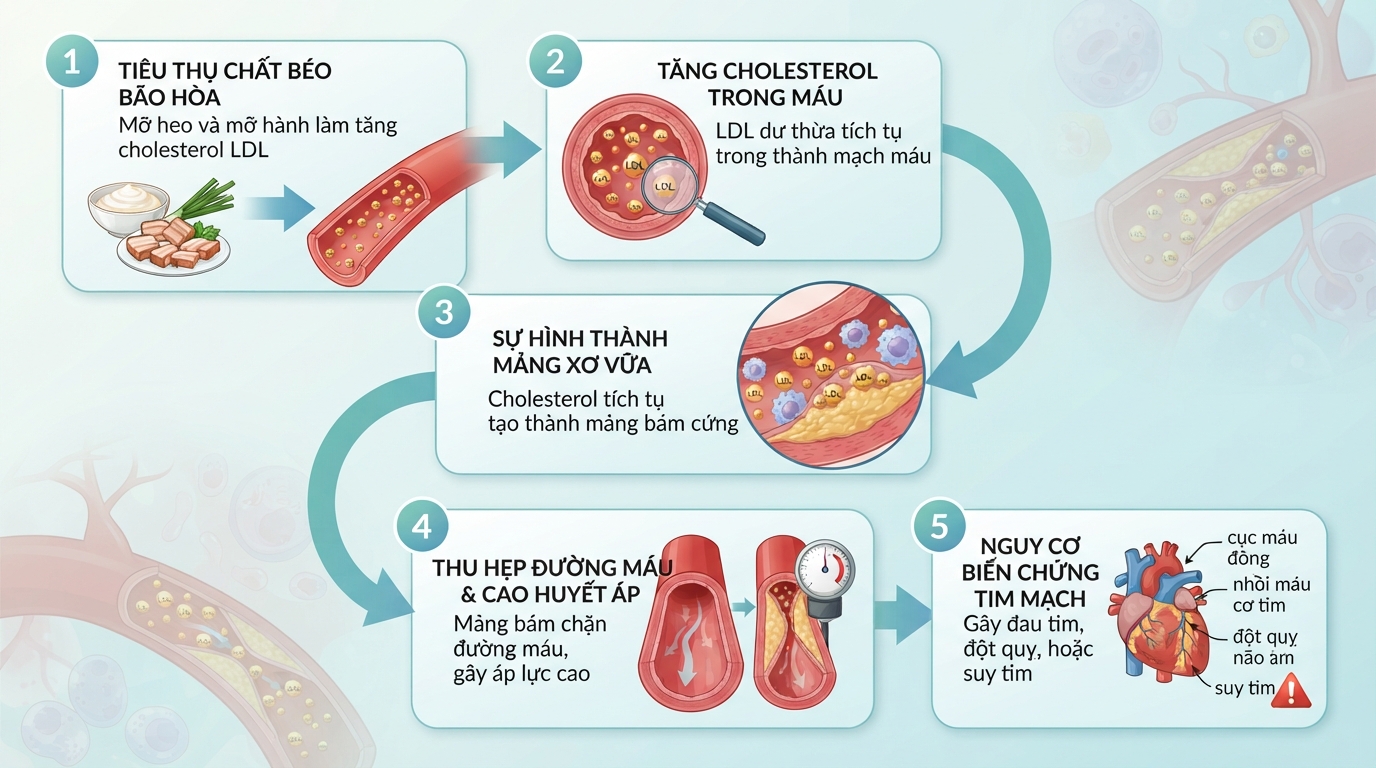 Cơ chế hình thành mảng xơ vữa động mạch từ chất béo bão hòa và cholesterol.