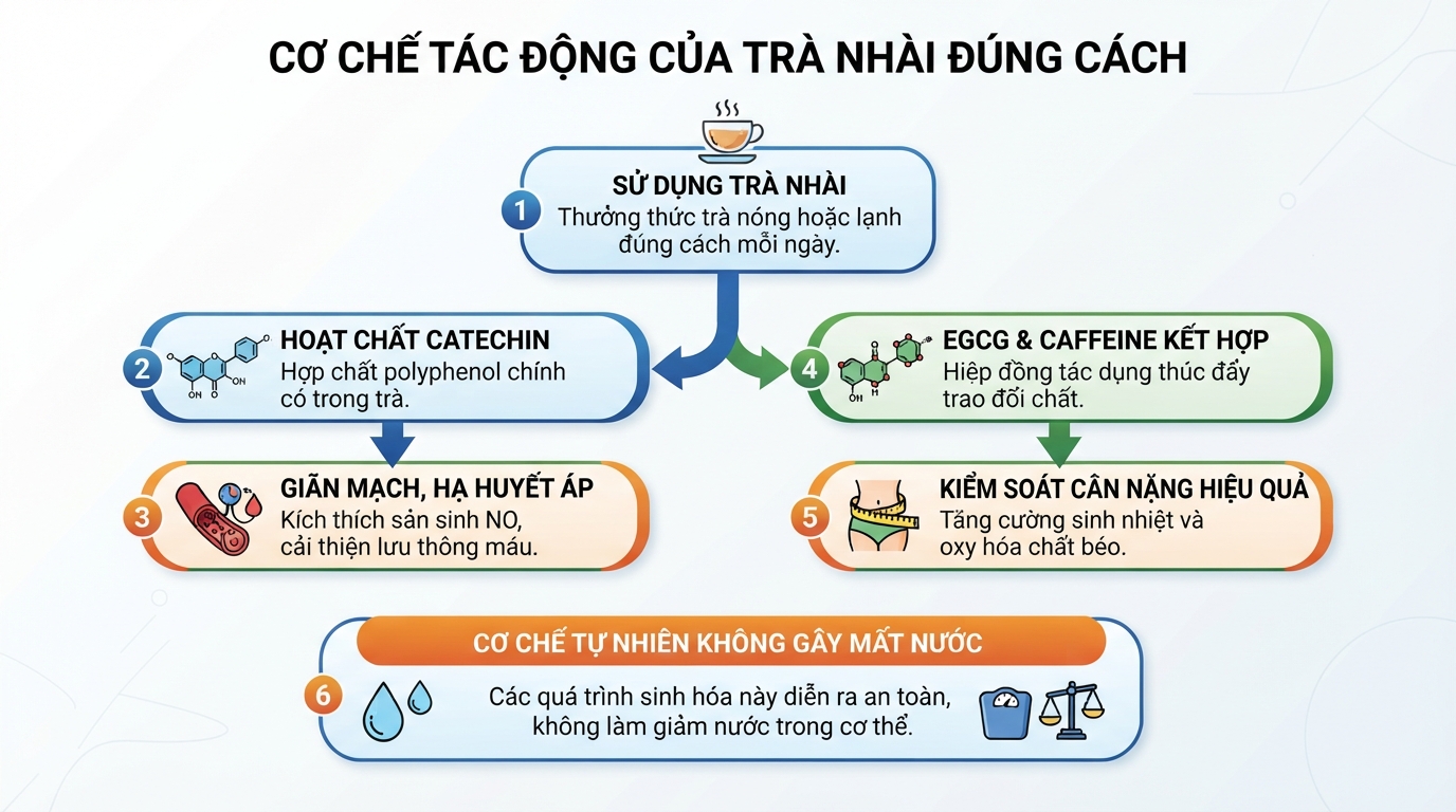 Cơ chế hỗ trợ giãn mạch và thúc đẩy chuyển hóa lipid khi sử dụng trà nhài đúng cách.