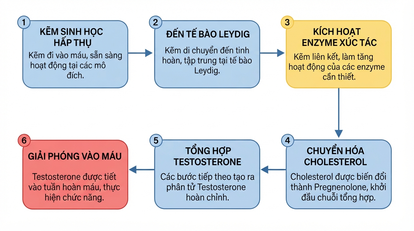 Cơ chế kẽm kích thích enzyme tại tế bào Leydig giúp tổng hợp testosterone.