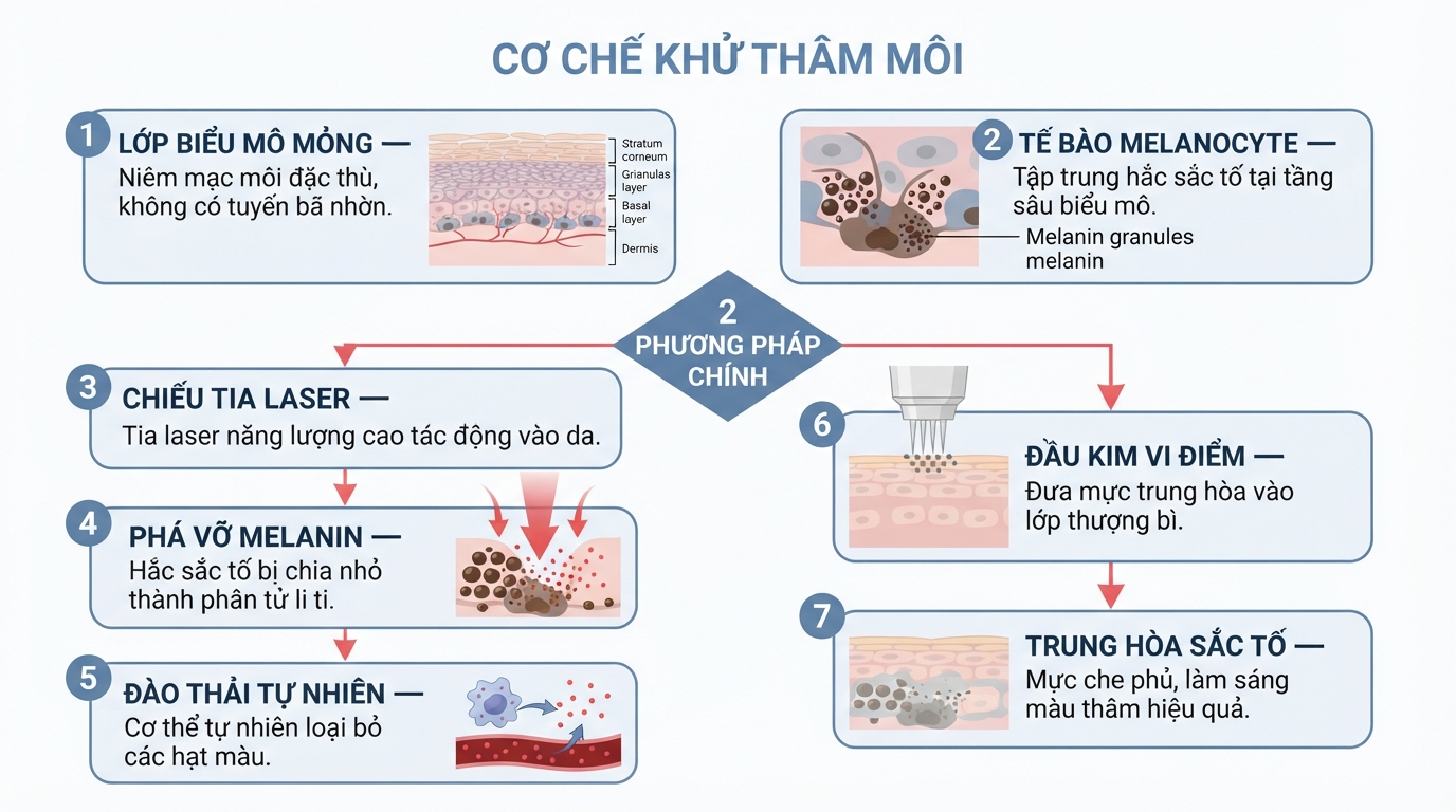 Cơ chế khử thâm môi tác động trực tiếp vào hắc sắc tố melanin nằm sâu dưới lớp biểu mô.