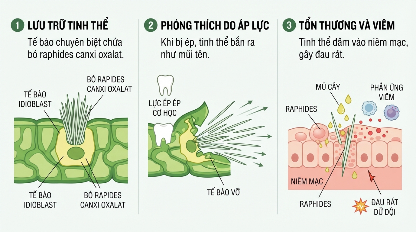 Cơ chế phóng tinh thể oxalat từ cây vạn niên thanh gây tổn thương niêm mạc.