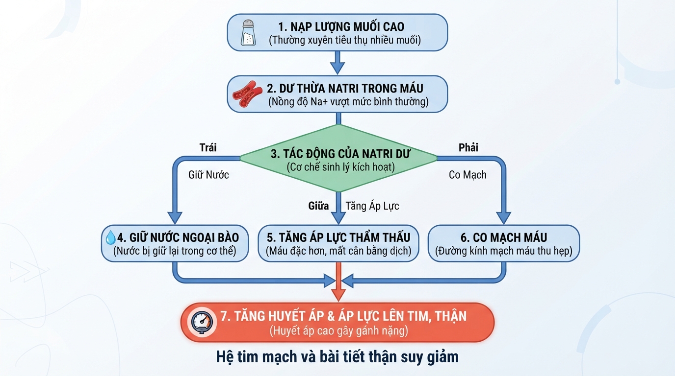 Cơ chế tác động của lượng muối natri cao đến hệ tim mạch và hoạt động bài tiết thận.