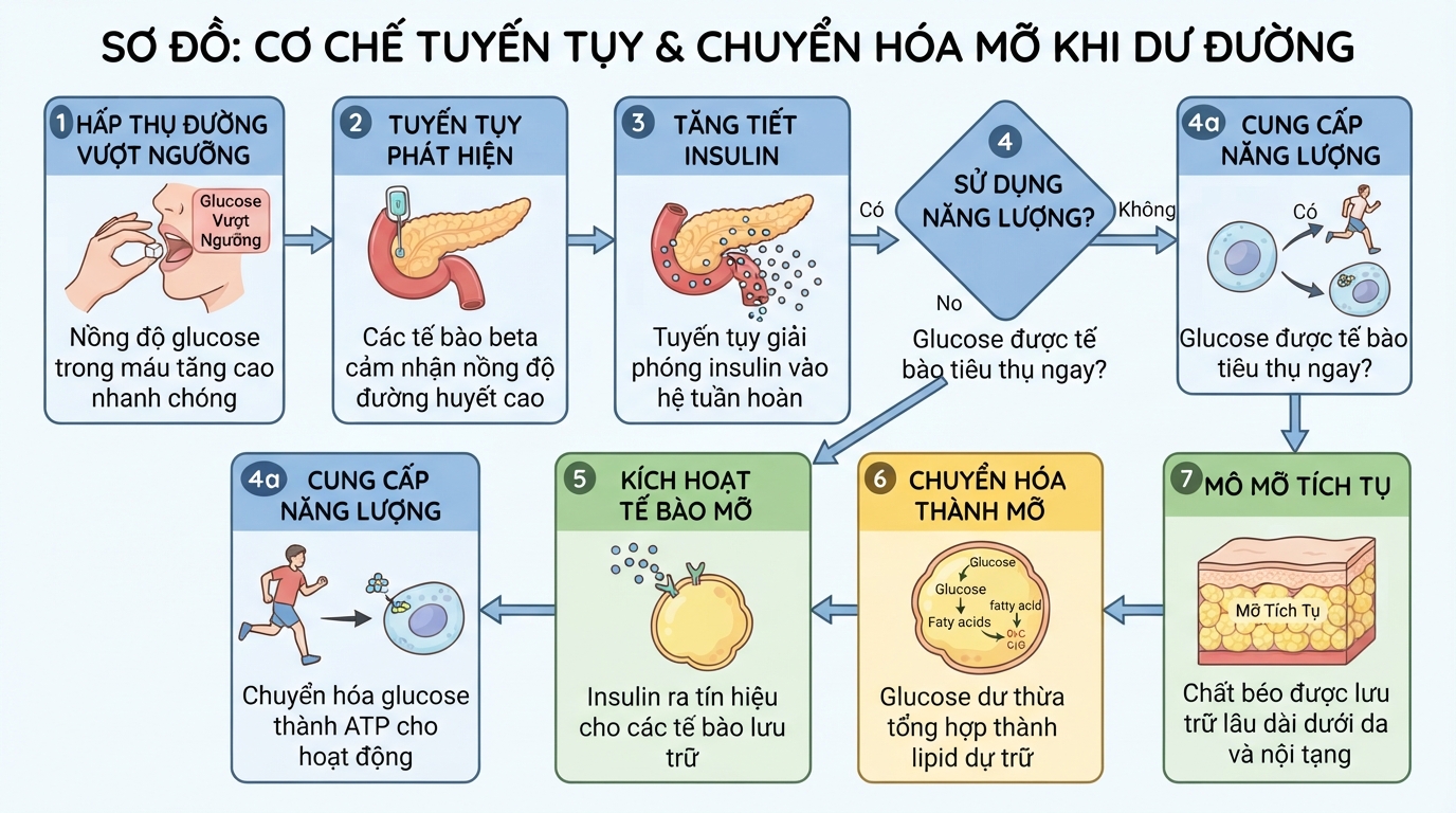 Cơ chế tuyến tụy tiết insulin để chuyển hóa đường dư thừa thành mỡ tích tụ.
