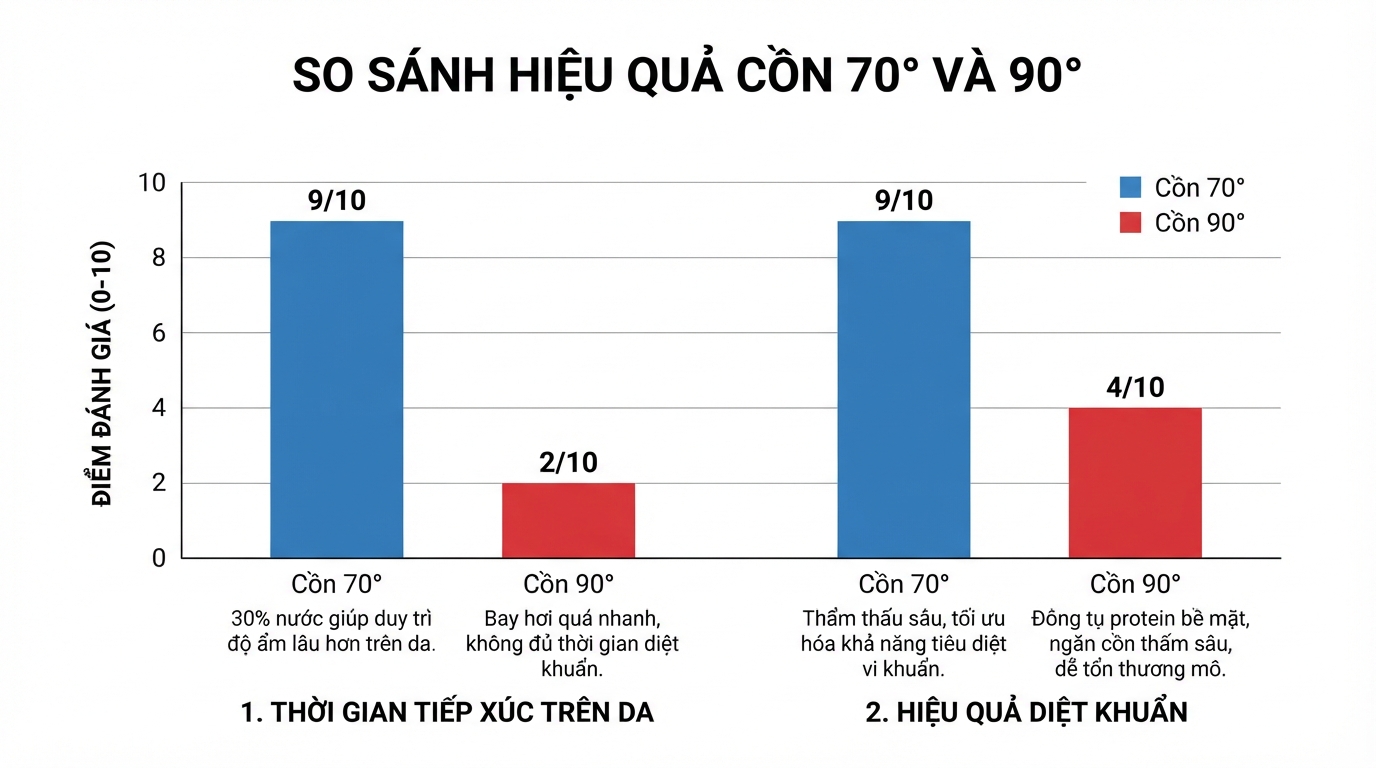 Cồn 70 độ duy trì độ ẩm lâu hơn giúp tiêu diệt vi khuẩn hiệu quả.