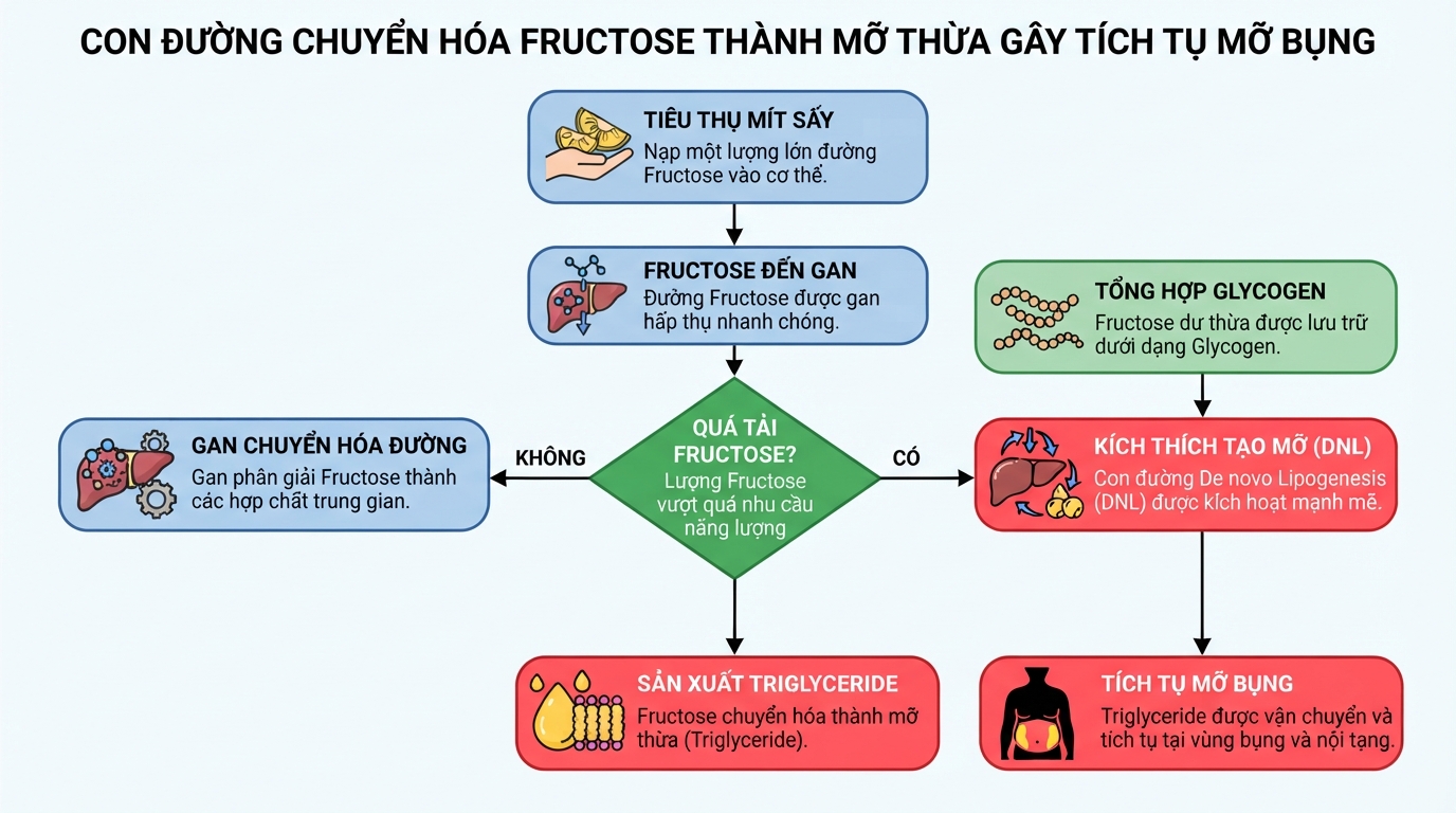 Con đường chuyển hóa đường fructose thành mỡ thừa tại gan gây tích tụ mỡ bụng.