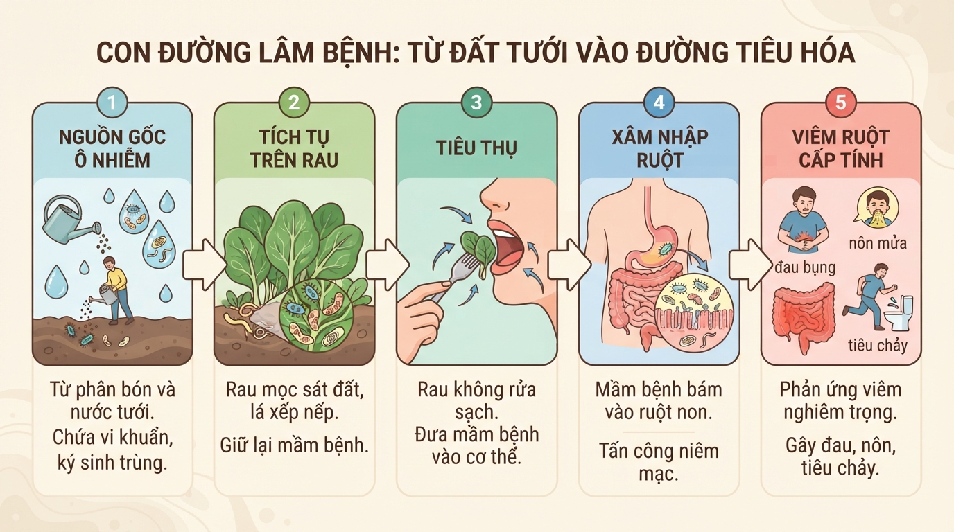 Con đường vi khuẩn và ký sinh trùng xâm nhập từ đất tưới vào đường tiêu hóa.