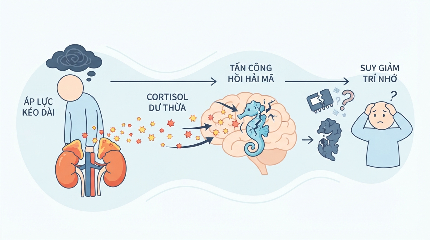 Cortisol dư thừa từ áp lực kéo dài trực tiếp gây tổn thương hồi hải mã.