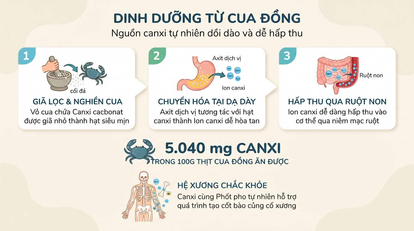 Cua đồng cung cấp tới 5.040mg canxi trong 100g thịt ăn được.