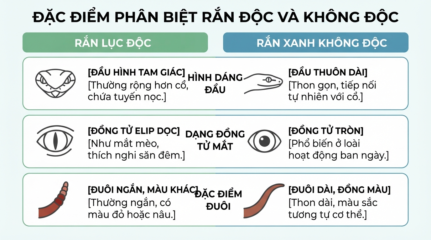 Đặc điểm hình thái giúp phân biệt chi tiết giữa loài rắn độc và không độc.