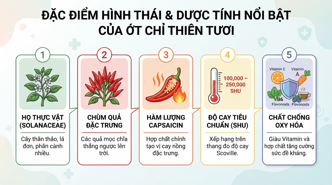 Đặc điểm hình thái và dược tính nổi bật của quả ớt chỉ thiên tươi.