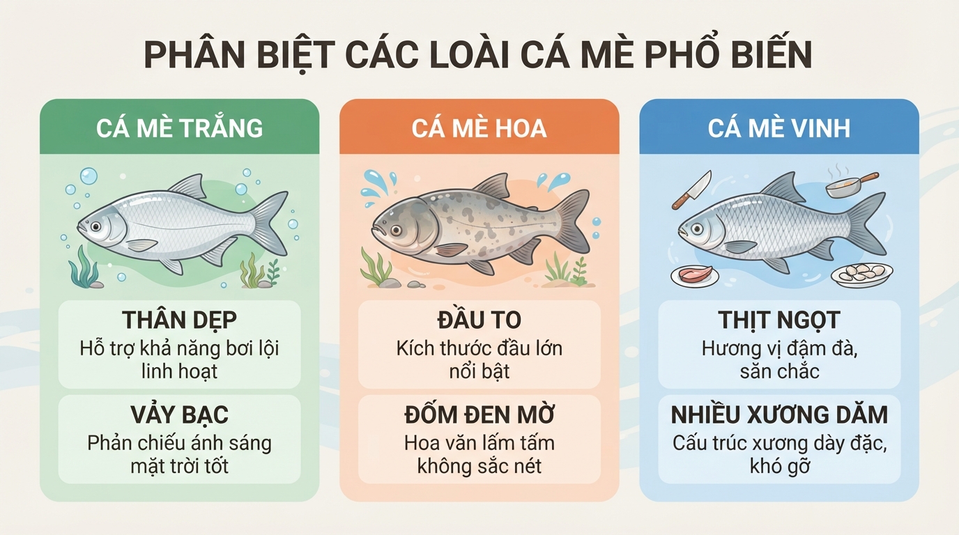 Đặc điểm nhận dạng cá mè trắng thân dẹp và cá mè hoa với phần đầu to đặc trưng.
