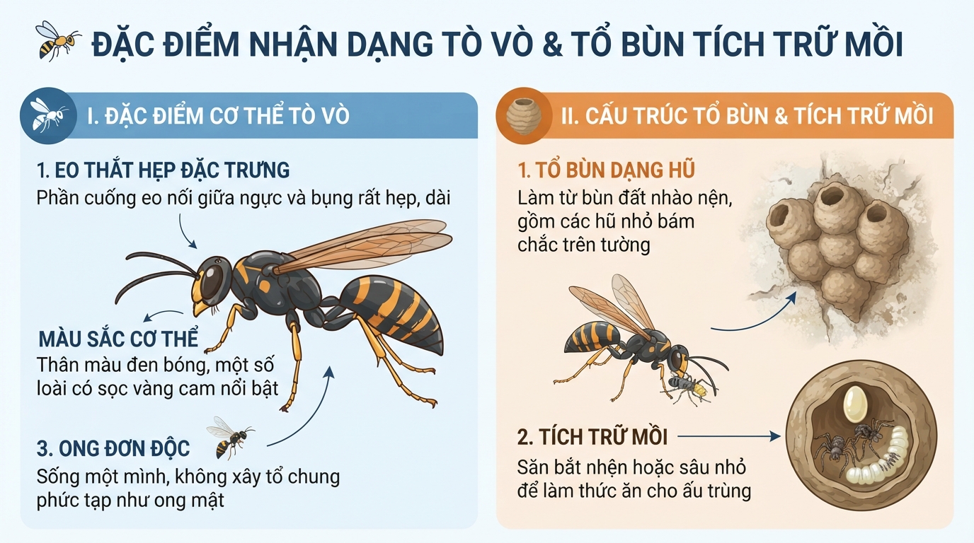 Đặc điểm nhận dạng eo thắt và tổ bùn xốp tích trữ mồi của tò vò.